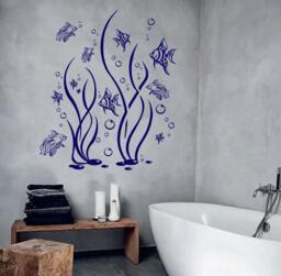 Wall Vinyl Decal Bathroom Decor Fish, Seaweed & Bubbles Aquarium Focal Point Art For Walls - #1062Dz - thumbnail 1