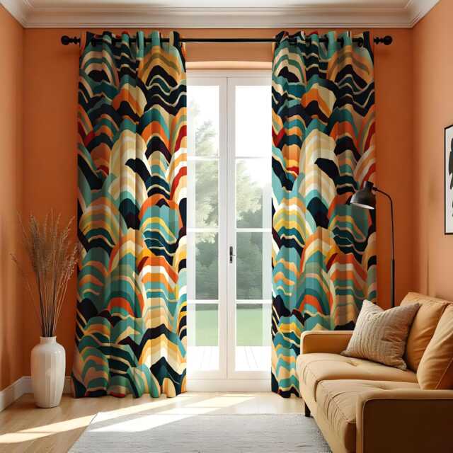 Abstract Wave Pattern Curtains, Bold Colorful Drapes in Blue, Orange & Beige, Modern Custom Length Window Treatment - image 1