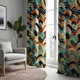 Abstract Wave Pattern Curtains, Bold Colorful Drapes in Blue, Orange & Beige, Modern Custom Length Window Treatment - thumbnail 2