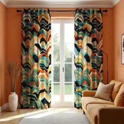 Abstract Wave Pattern Curtains, Bold Colorful Drapes in Blue, Orange & Beige, Modern Custom Length Window Treatment