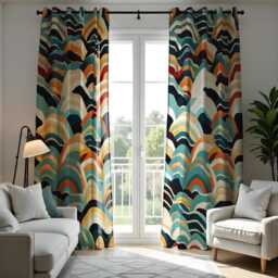 Abstract Wave Pattern Curtains, Bold Colorful Drapes in Blue, Orange & Beige, Modern Custom Length Window Treatment - thumbnail 3