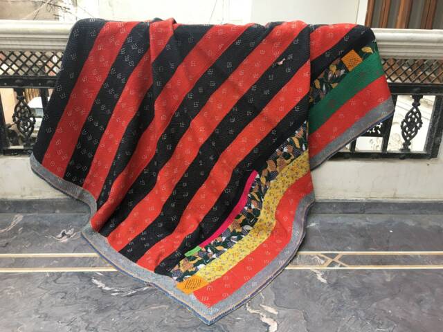 Vintage Kantha Quilt Reversible Bohemian Bedspread, Sari Blanket - image 1