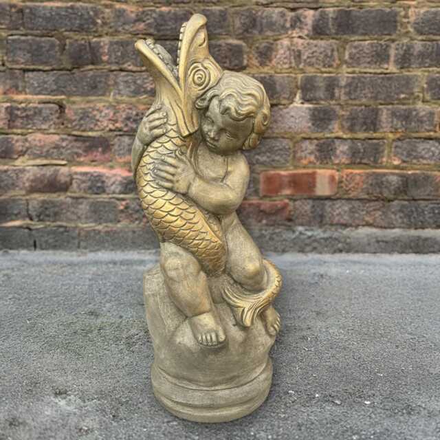 Garden Cherub Statue Concrete Boy With Fish Figurine Stone Golden Sculpture Outdoor Cement Decor Handmade Child Figure Yard Art Gift - image 1