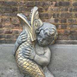 Garden Cherub Statue Concrete Boy With Fish Figurine Stone Golden Sculpture Outdoor Cement Decor Handmade Child Figure Yard Art Gift - thumbnail 3