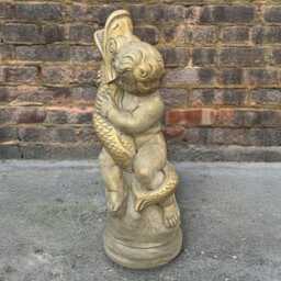 Garden Cherub Statue Concrete Boy With Fish Figurine Stone Golden Sculpture Outdoor Cement Decor Handmade Child Figure Yard Art Gift - thumbnail 2