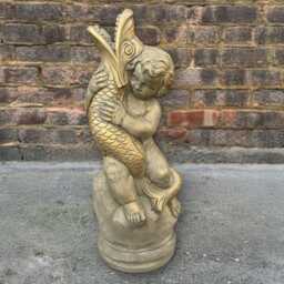 Garden Cherub Statue Concrete Boy With Fish Figurine Stone Golden Sculpture Outdoor Cement Decor Handmade Child Figure Yard Art Gift