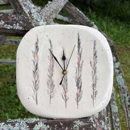 Ceramic Wall Clock With Wild Grass Imprint, Handmade Botanical Decor