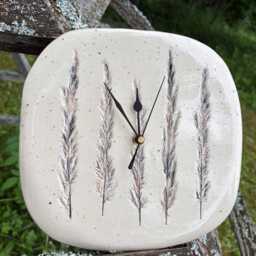Ceramic Wall Clock With Wild Grass Imprint, Handmade Botanical Decor - thumbnail 3