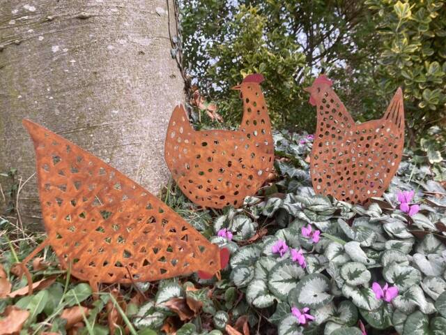 Set Of 3 Metal Rusty Chicken Hen Silhouette Garden Art Stakes/Spikes Ornament - image 1
