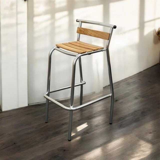 Metal Breakfast Bar Stool, Wooden Seat, Silver Stacking Industrial Counter Kitchen Pub Outdoor Stools - image 1
