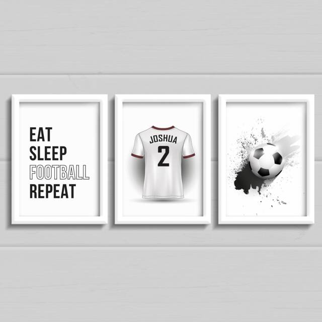 Football Boys Bedroom Prints, Set Of 3 Personalised Wall Decor, Any Colour Football Shirt, Eat Sleep Repeat - image 1