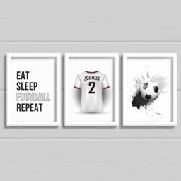 Football Boys Bedroom Prints, Set Of 3 Personalised Wall Decor, Any Colour Football Shirt, Eat Sleep Repeat - thumbnail 1