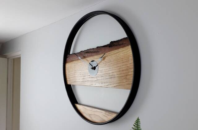 Rustic Oak Wall Clock With Black Steel Ring, Large Handmade - image 1