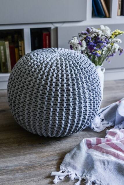 Gray Pouf, Chunky Knit Crochet Ottoman, Floor Cushion, Knitted Pouf Round Footstool, Nursery Pillow, Large Gray Chunky - image 1