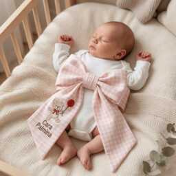 Custom Teddy Bear Name Embroidered Newborn Bow Sash, Baby Boy Girl Hospital Cute Swaddle, Keepsake, Shower Gift - thumbnail 3
