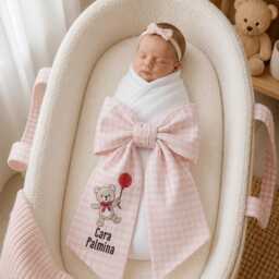 Custom Teddy Bear Name Embroidered Newborn Bow Sash, Baby Boy Girl Hospital Cute Swaddle, Keepsake, Shower Gift - thumbnail 1