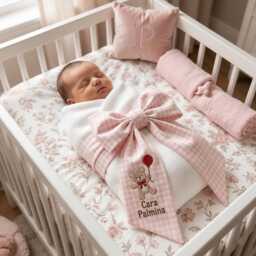 Custom Teddy Bear Name Embroidered Newborn Bow Sash, Baby Boy Girl Hospital Cute Swaddle, Keepsake, Shower Gift - thumbnail 2