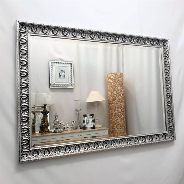 Marilyn Solid Wood Ornate Design Frame Wall Mirror Silver Black Bevelled Edge Glass Rectangular 105 X 74 cm Made in UK - image 1