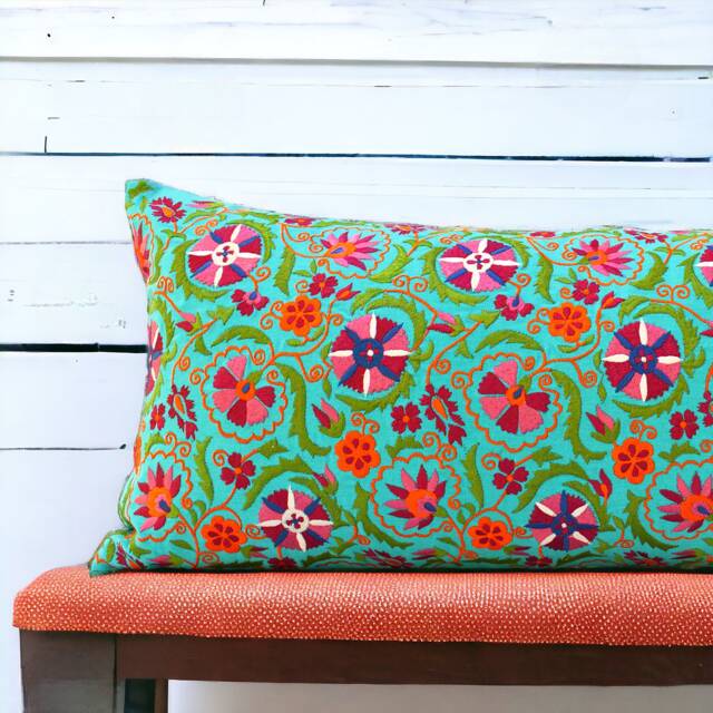 Turquoise Suzani Embroidered Lumbar Pillow Cover - 12x30 Cotton - image 1