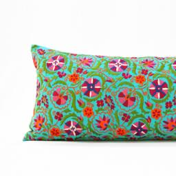 Turquoise Suzani Embroidered Lumbar Pillow Cover - 12x30 Cotton - thumbnail 2
