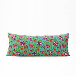 Turquoise Suzani Embroidered Lumbar Pillow Cover - 12x30 Cotton - thumbnail 3