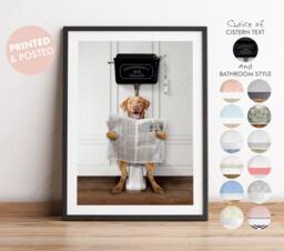 Fox Red Labrador Retriever Dog On Toilet With Newspaper, Victorian Print, Funny Bathroom Toilet, Humour Print - thumbnail 1