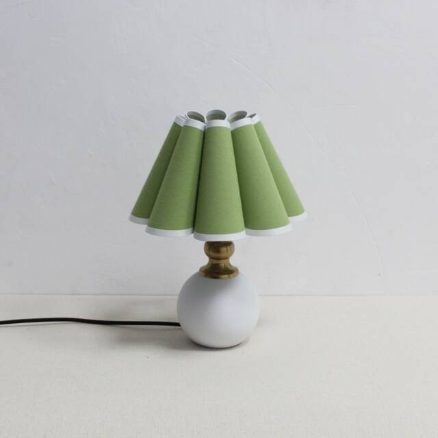 Handmade Scallop Green Fabric Table Lamp Beige Trim, Ceramic Base - image 1