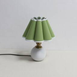 Handmade Scallop Green Fabric Table Lamp Beige Trim, Ceramic Base - thumbnail 2