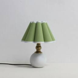 Handmade Scallop Green Fabric Table Lamp Beige Trim, Ceramic Base - thumbnail 3