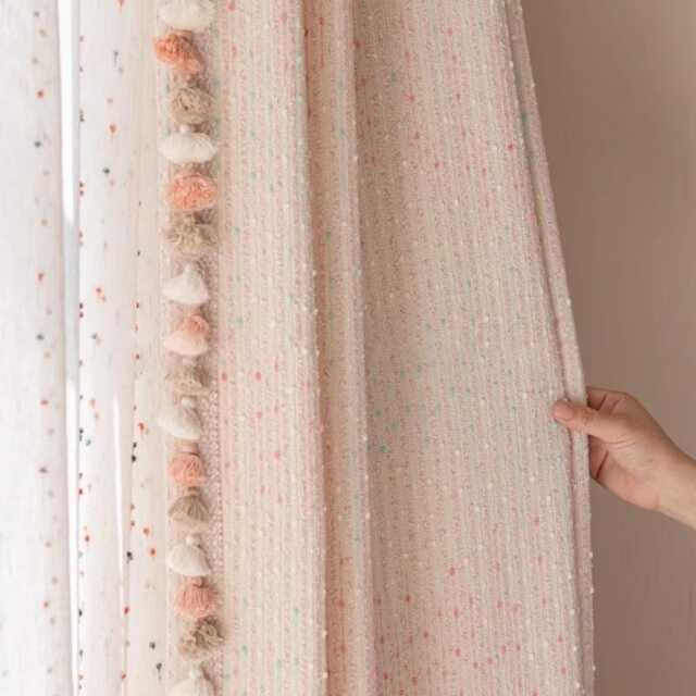 A Pair Of Pink Texture Curtains With Tassel Trim, Girls Curtain Panel Custom Trim, Living Room Bedroom Curtains, Custom Made, Room Divider - image 1
