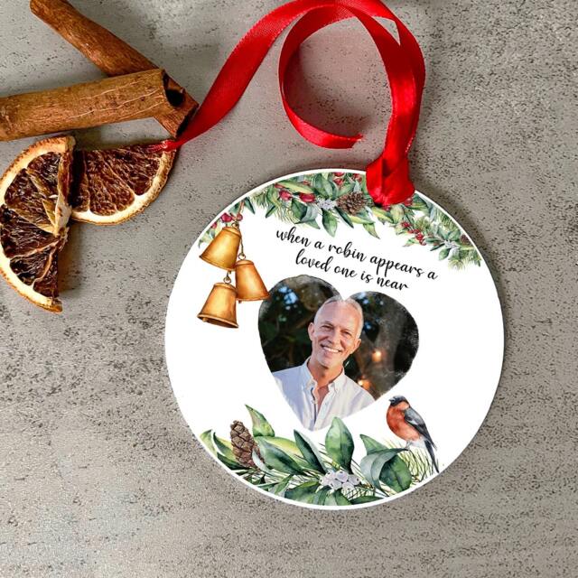 Memorial Bauble, Photo Ornament, When A Robins Appears, Christmas Tree Remembrance, in Heaven, Granddad, Nanny, Dad, Mum Acrylic