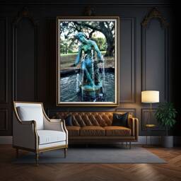 Bronze Patina Lady Statue Photograph, New Orleans Home Decor, Local Art, Living Room, City Park, Fountain, Oak Tree, Turquoise, Big Easy - thumbnail 1