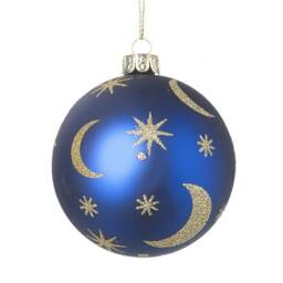 Blue & Gold Moon Stars Glass Christmas Tree Bauble - Festive Winter Night Sky Space Astronaut Planets Solar System Aliens Family Gift