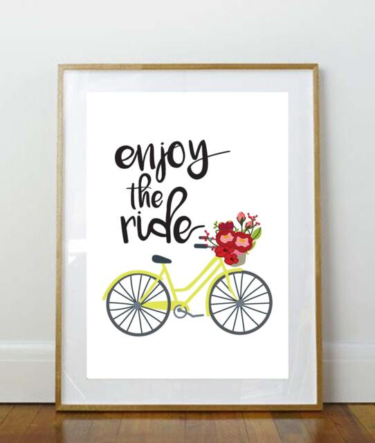 Enjoy The Ride // Bicycle Print Flowers in Bike Basket Home Decor Wall Art Floral Quote