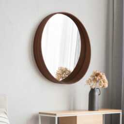 Walnut Round Deep Edge Hallway Mirror, Scandinavian Solid Wood Oak Wall Mirror - thumbnail 1