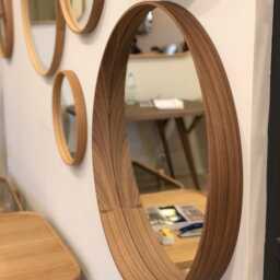 Walnut Round Deep Edge Hallway Mirror, Scandinavian Solid Wood Oak Wall Mirror - thumbnail 3
