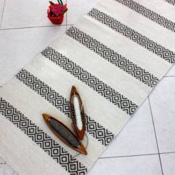 Handwoven Organic Wool Rug Scandinavian White & Brown Striped Rug - thumbnail 3