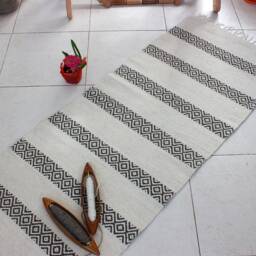 Handwoven Organic Wool Rug Scandinavian White & Brown Striped Rug - thumbnail 4