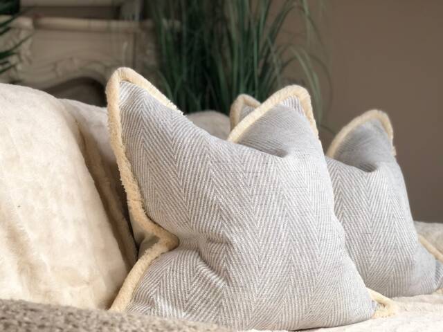 Grey Herringbone Cushion Cover - Luxury Pillows With Fringe Trim High Quality Warwick Fabric Neutral Home Decor - image 1