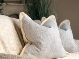 Grey Herringbone Cushion Cover - Luxury Pillows With Fringe Trim High Quality Warwick Fabric Neutral Home Decor - thumbnail 1