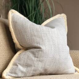 Grey Herringbone Cushion Cover - Luxury Pillows With Fringe Trim High Quality Warwick Fabric Neutral Home Decor - thumbnail 2