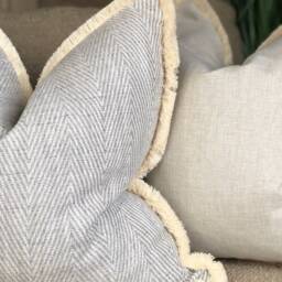 Grey Herringbone Cushion Cover - Luxury Pillows With Fringe Trim High Quality Warwick Fabric Neutral Home Decor - thumbnail 3