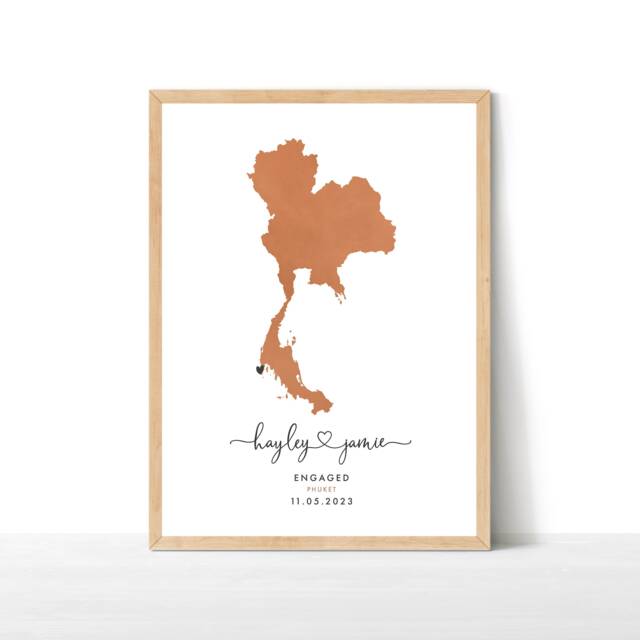 Custom Place Engagement Map Print, Destination Travel Map, Personalised Gift, Watercolour Wedding Thailand - image 1
