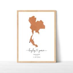 Custom Place Engagement Map Print, Destination Travel Map, Personalised Gift, Watercolour Wedding Thailand - thumbnail 1
