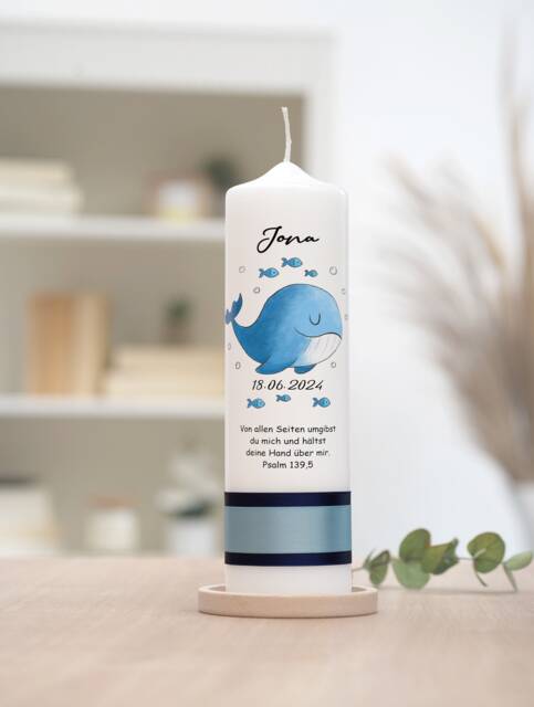 Baptismal Candle Blue Whale With Fish - image 1