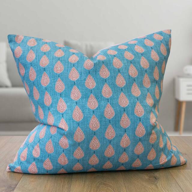 Kerala Batik Extra-Large Cushion. Teal Blue & Burnt Orange Indonesian Block-Print Leaf Design. Eco-Friendly Cotton. 23x23 - image 1