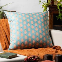 Kerala Batik Extra-Large Cushion. Teal Blue & Burnt Orange Indonesian Block-Print Leaf Design. Eco-Friendly Cotton. 23x23 - thumbnail 3