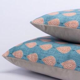 Kerala Batik Extra-Large Cushion. Teal Blue & Burnt Orange Indonesian Block-Print Leaf Design. Eco-Friendly Cotton. 23x23 - thumbnail 2