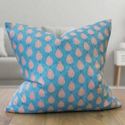 Kerala Batik Extra-Large Cushion. Teal Blue & Burnt Orange Indonesian Block-Print Leaf Design. Eco-Friendly Cotton. 23x23
