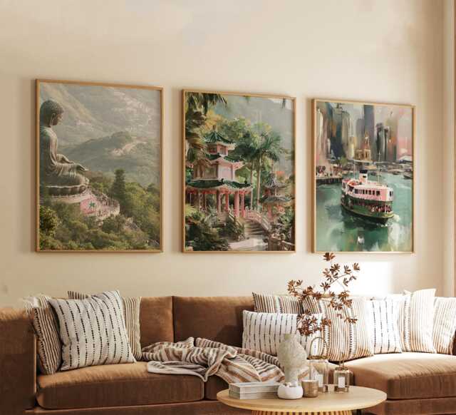 Set Of 3 Hong Kong Posters, Asia City Wall Art, Skyline Print Set, Modern Travel Artwork, Urban Home Decor, Night Cityscape Style - image 1